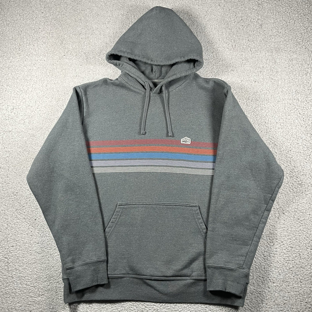 Patagonia Uprisal Hoodie Mens L Gray Stripe Recycled Fleece Sweatshirt